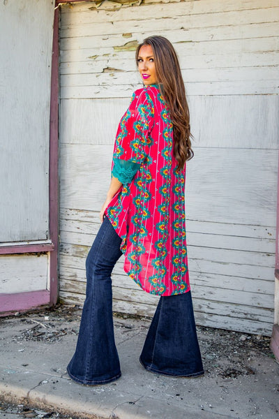 Turquoise & Coral Aztec High-Low Kimono With Lace Trim