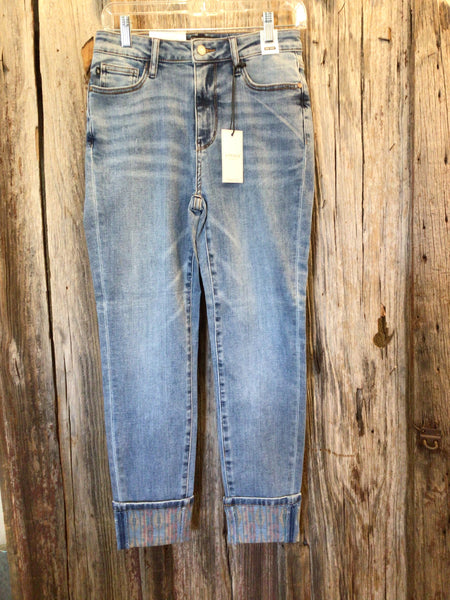 High Waist Southwestern Print Cuff Jeans, Relaxed Fit, Judy Blue