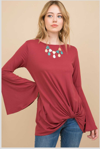 Solid Bell Sleeve Twisted Front Hem Tunic Top- Rust
