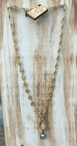 Gold Puff Chain Necklace, Gold Open Teardrop, AB Crystal Drop, Toggle Closure