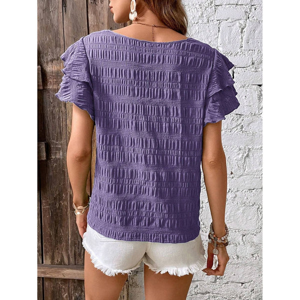 Solid Color Textured Ruffle Sleeves Crew Neck Top, Purple