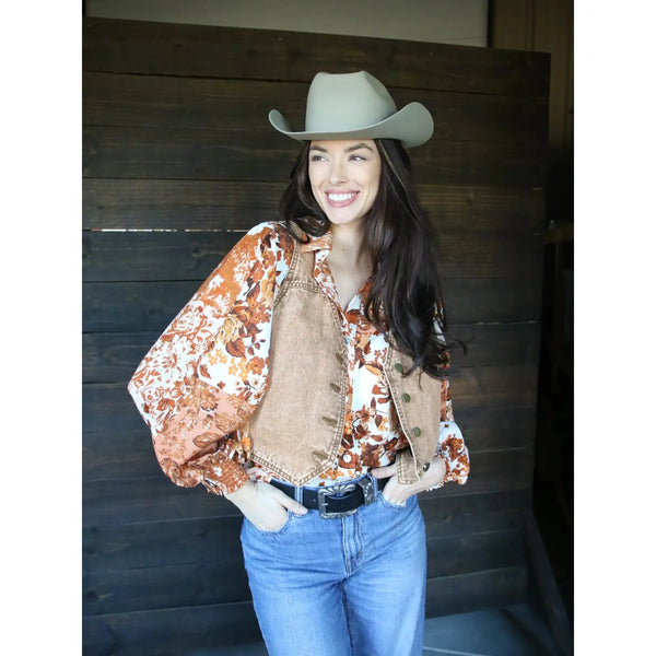 Rust Floral Top With Bell Sleeves