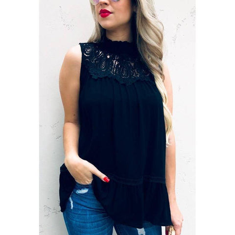 Lace Trim Sleeveless Tunic Top: Black