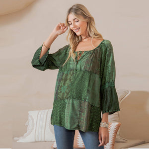 Peasant Top with Print Checks Patchwork: Basil