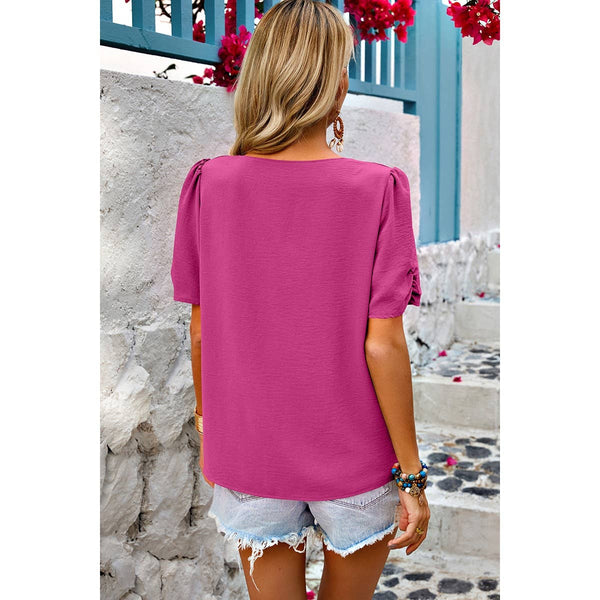 Solid V Neck Chiffon Basic Loose Fit Blouse: FUCHSIA