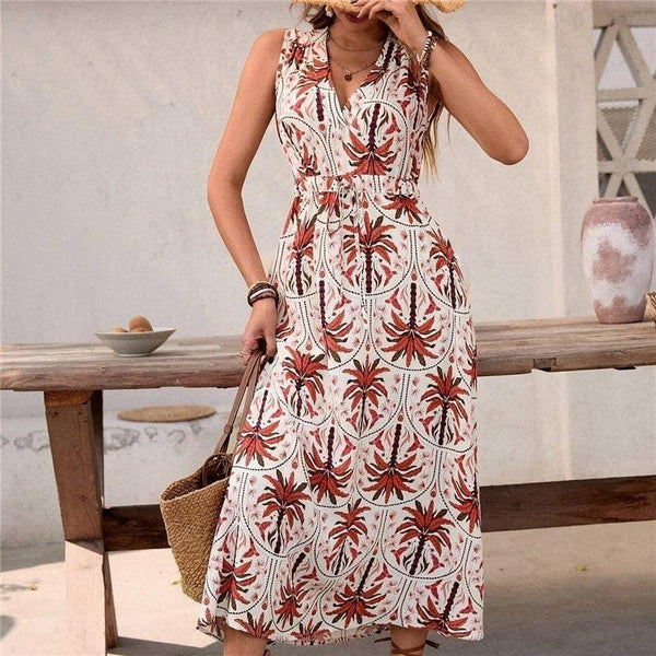 Sleeveless V-Neck High Waist A-Line Floral Print Dress, Fire Brick