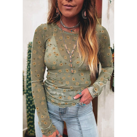 Vintage Floral Print Southern Style Mesh Long Sleeve Top: Green