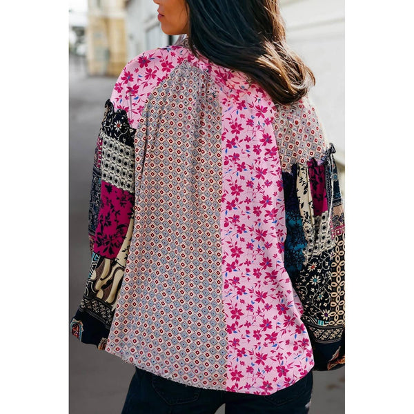 Boho Mixed Floral Patch Bubble Sleeve Blouse