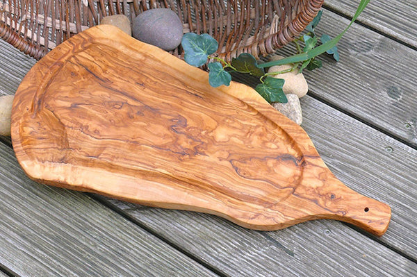 Carving board (L45-49cm) with juice rim & handle, Olive Wood, shipped from Germany