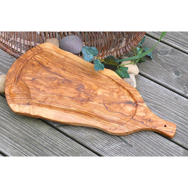 Carving board (L45-49cm) with juice rim & handle, Olive Wood, shipped from Germany