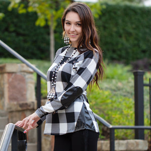 Buffalo Plaid Top with Suede Elbow Patch and Buckle - White Plaid