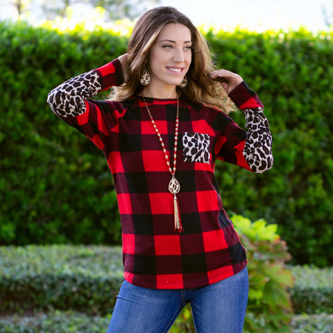 Plaid and Leopard Long Sleeve Top, Red
