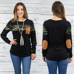Camouflage Long Sleeve Top with Suede Elbow Patches