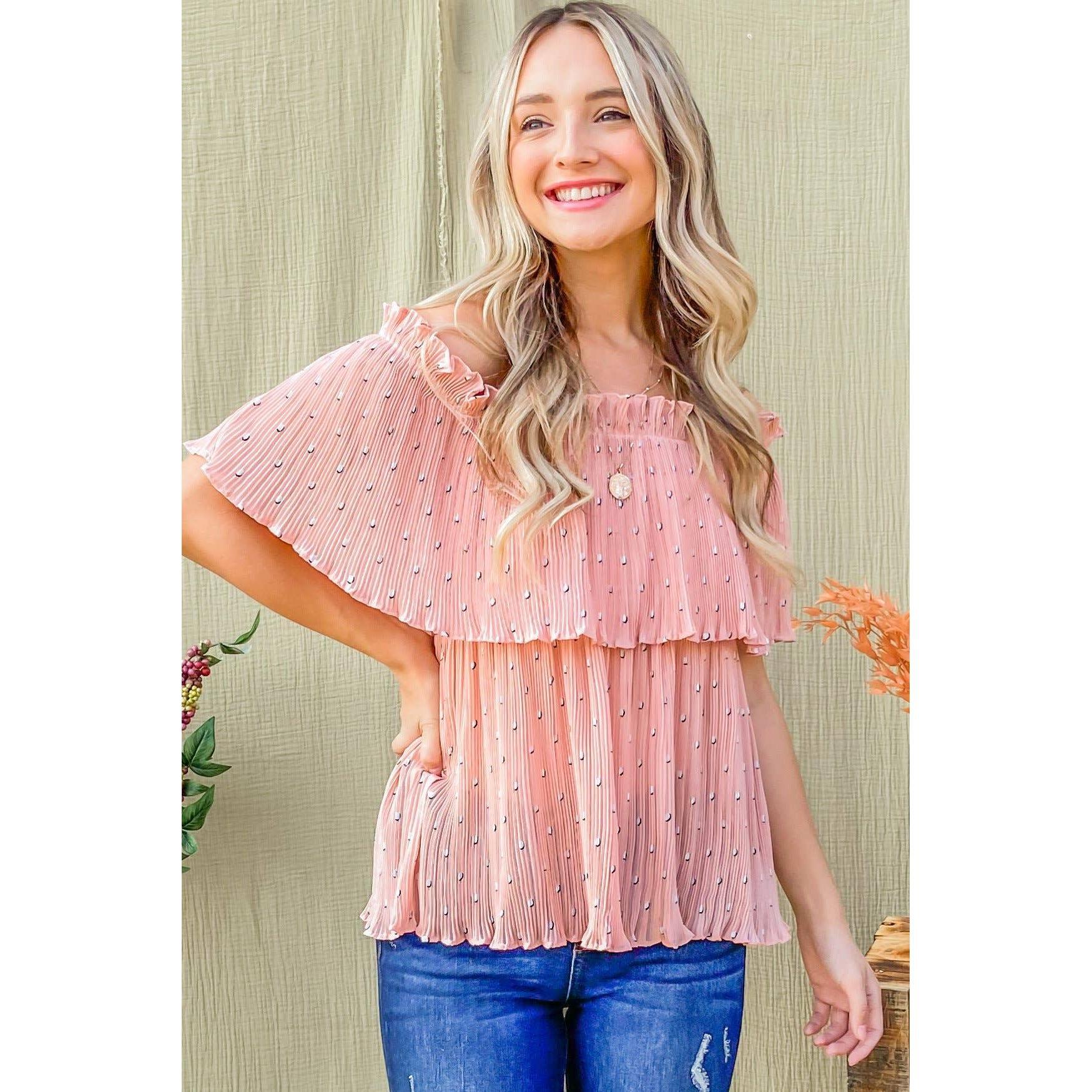 Polka Dot Print Pleated Off Shoulder Top - Delightful Piece: Peach