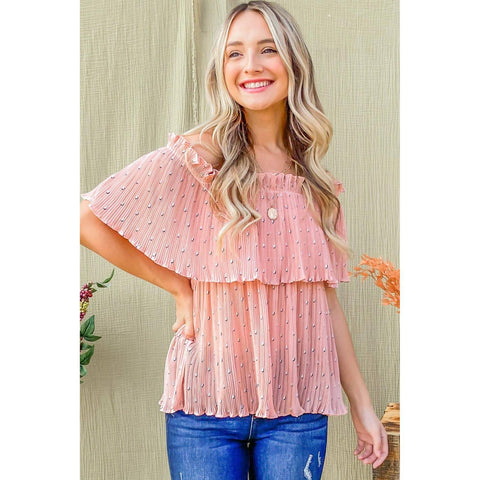 Polka Dot Print Pleated Off Shoulder Top - Delightful Piece: Peach