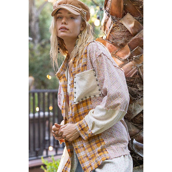 Oversized long sleeve lace contrast shirt in plaid