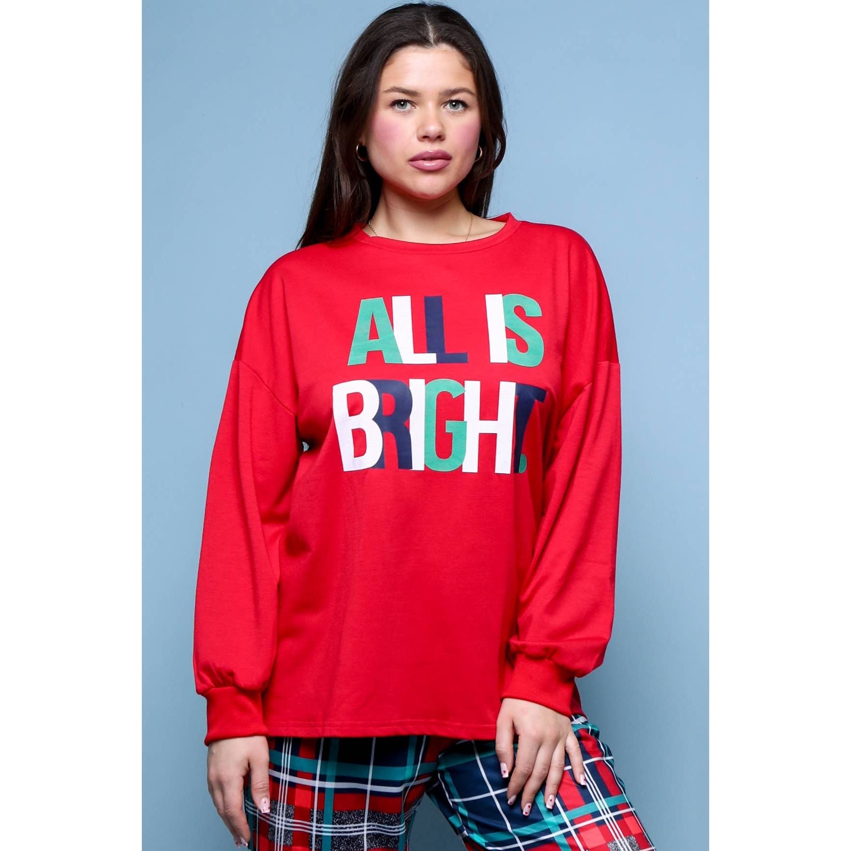 Multicolor Graphic Christmas Plaid Pajamas Set: