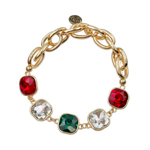 Square Christmas color rhinestone and stretch gold tone curvy bracelet: Red