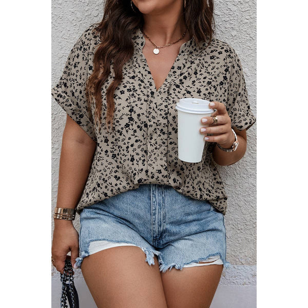 Floral Print Loose Fit V Neck Blouse, Goddess Khaki