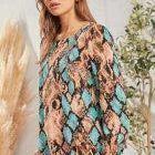 Snake Printed Top with Geo Embroidery Design on Front. Long sleeve, woven