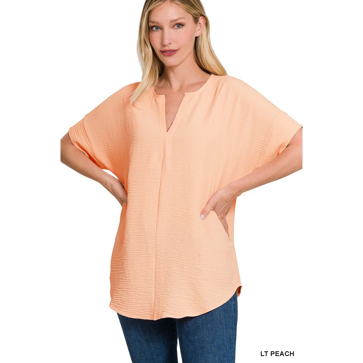 Woven Airflow Split Neck Short Sleeve Top, Light Peach