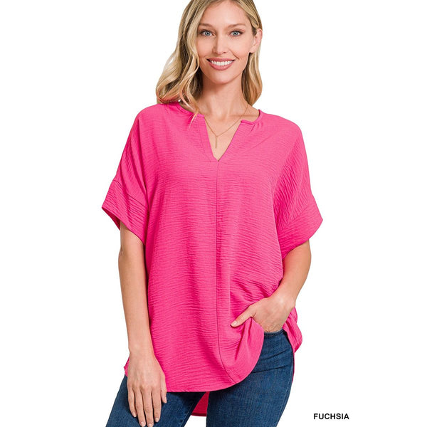 Woven Airflow Split Neck Short Sleeve Top, Fuchsia