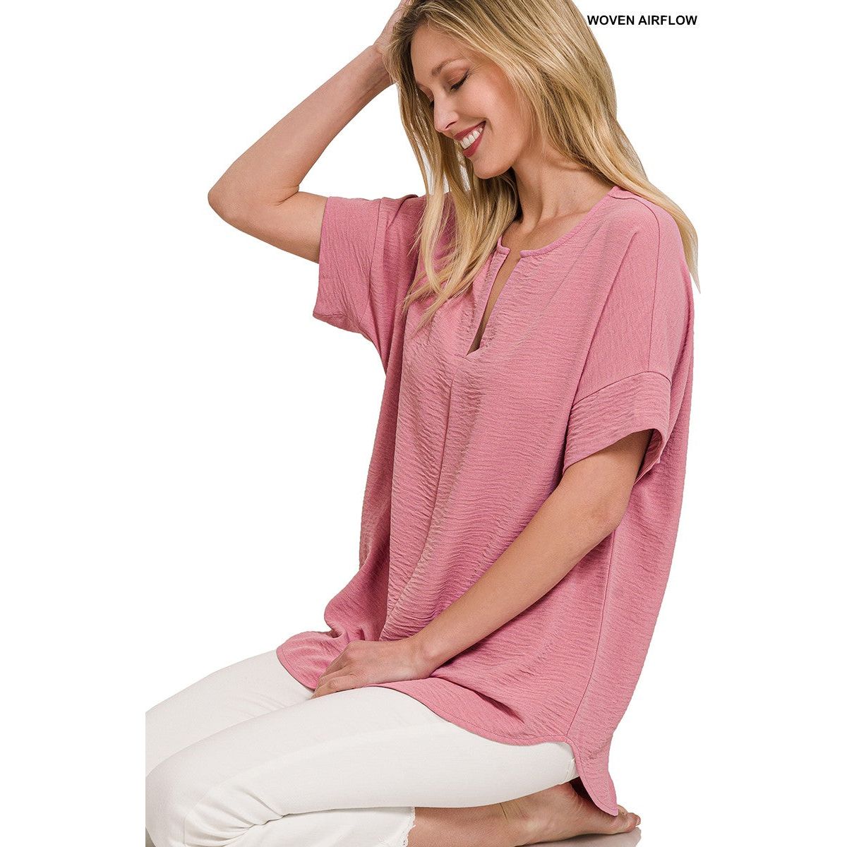 Woven Airflow Split Neck Short Sleeve Top, Light Rose