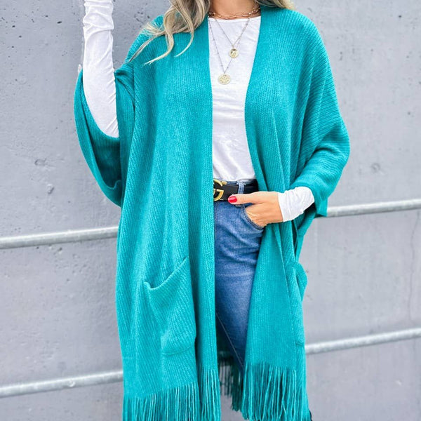 Teal Soft Knitted Pocket Kimono Cardigan With Fringe: Teal / One Size