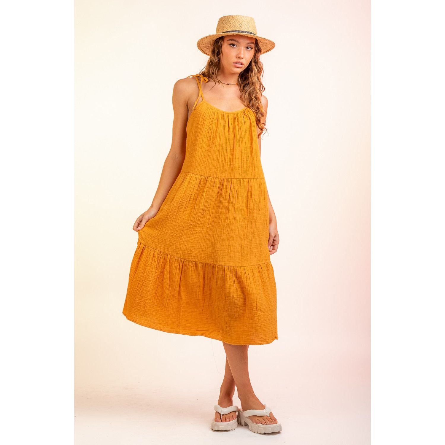 Loose Fit Cami Gauze Tiered Midi Dress, Honey