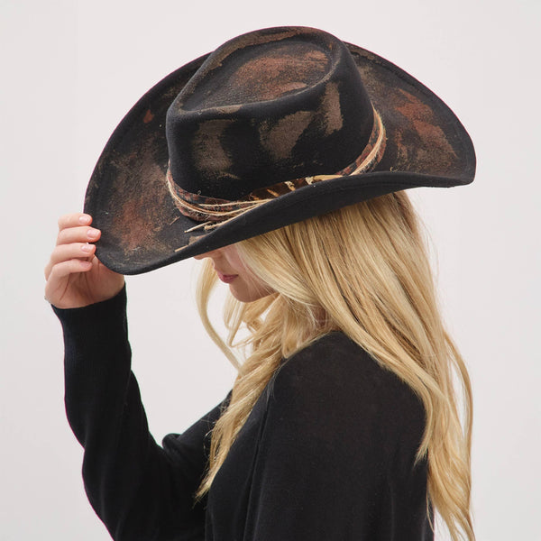 Distressed Fabric Band Rustic Cowgirl Fedora Hat