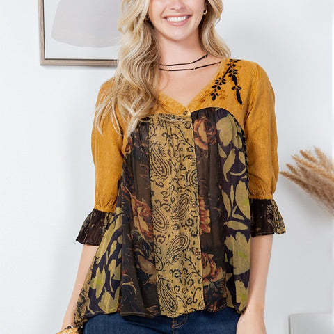 Boho Chic Overdyed Rayon V-Neck Top, Camel