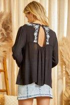 Babydoll Top with Embroidery, Long Sleeves,  Round Neckline, Balloon Sleeves