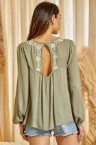 Babydoll Top with Embroidery, Long Sleeves, Round Neckline, Balloon Sleeves, Goddess