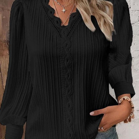 V-Neck Lace Patchwork Shirt, Black