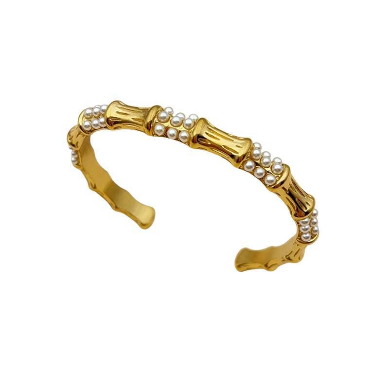 18K Gold Plated Bamboo Cuff Bracelet with White Pearls
