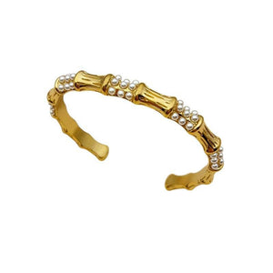 18K Gold Plated Bamboo Cuff Bracelet with White Pearls