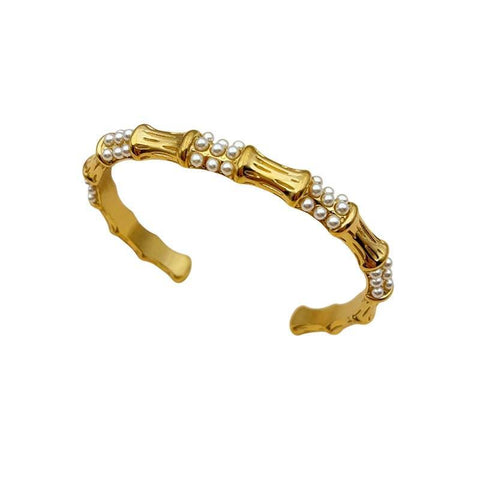 18K Gold Plated Bamboo Cuff Bracelet with White Pearls