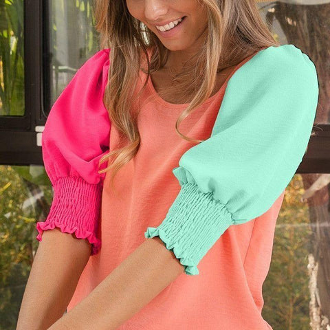 Air Flow Woven Color Block Top With Puff Sleeves