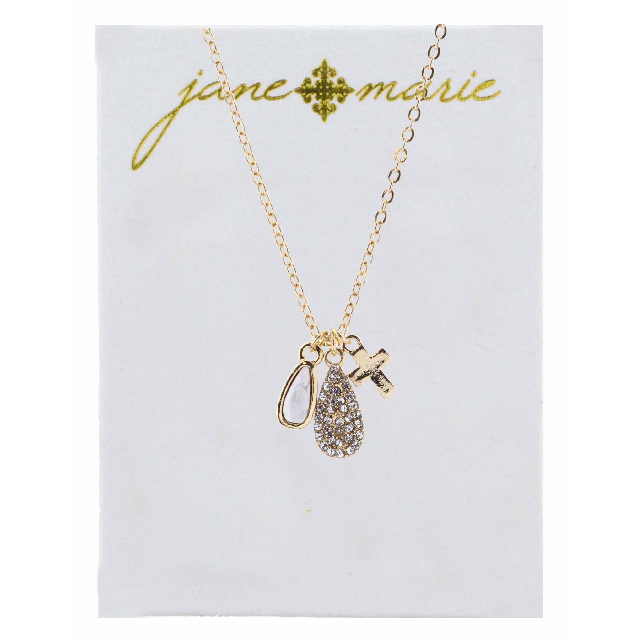 Howlite & Rhinestone Teardrops, and Cross Necklace