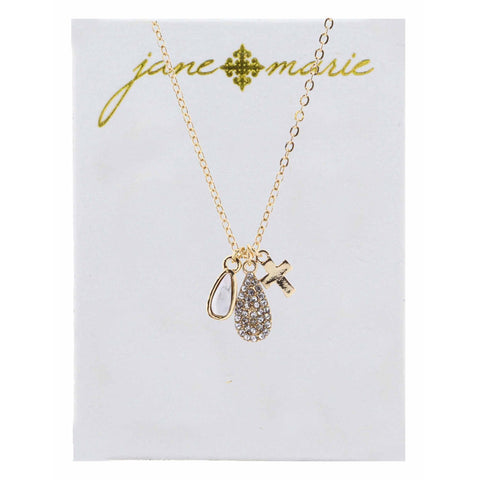 Howlite & Rhinestone Teardrops, and Cross Necklace