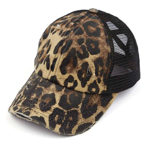 C.C Washed Denim with Crossed Elastic Band Mesh Pony Cap