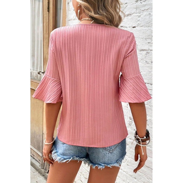 Ruffle Short Sleeve V-Neck Top, Peach Blossom