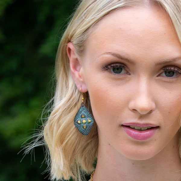 Brass Patina Earrings - Aqua Diamonds with Arabic Flowers