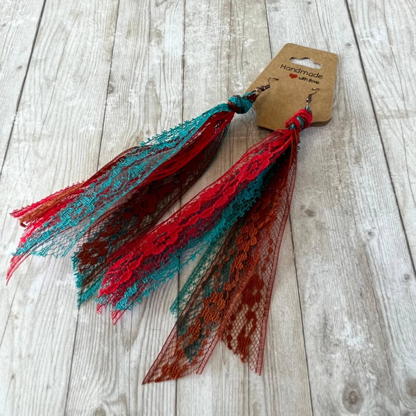 Cowboy Blend Lace Tassel Earrings Red, Teal, Sienna