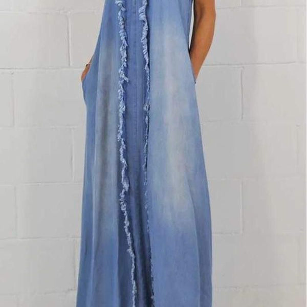 Denim Front Fringe Maxi Dress