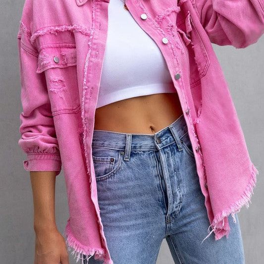 Rugged And Torn Denim Jacket, Pink