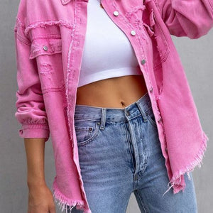 Rugged And Torn Denim Jacket, Pink