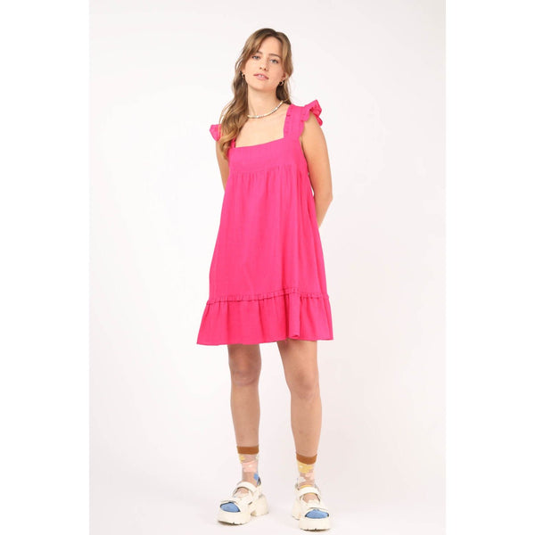 Ruffled Solid Linen Backless Mini Dress, Hot Pink