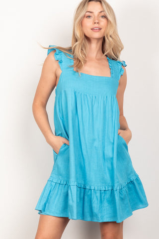 Ruffled Solid Linen Backless Mini Dress, Aqua