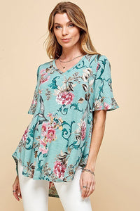 Floral Short Sleeve Top with Ruffle Top, Mint